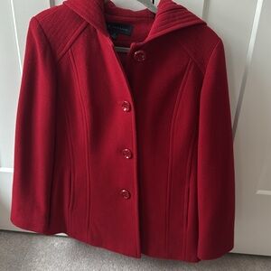Anne Klein Red Pea Coat with Tailored Fit and Hood